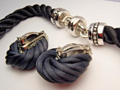 Vintage Twisted Black Cord Push Snap Lock Choker and Clip on Earring Set
