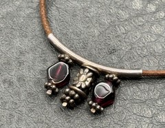 Vintage Garnet Cabochon Leather Cord Necklace Sterling Silver Pendant Choker