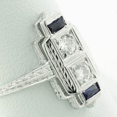 Antique 18K White Gold Mine Cut Diamond & Sapphire Engagement Ring Size 7