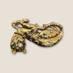 Vintage Estate Gold Tone Spotted Green Eyed Leopard Brooch Pin