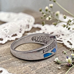 Vintage Blue Fire Opal with CZ Accents 925 Sterling Band Ring, size 8.25