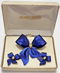 Vtg Tona Bow Ribbon Rhinestones Blue Satin Metal Brooch Earring Demi Parure Set