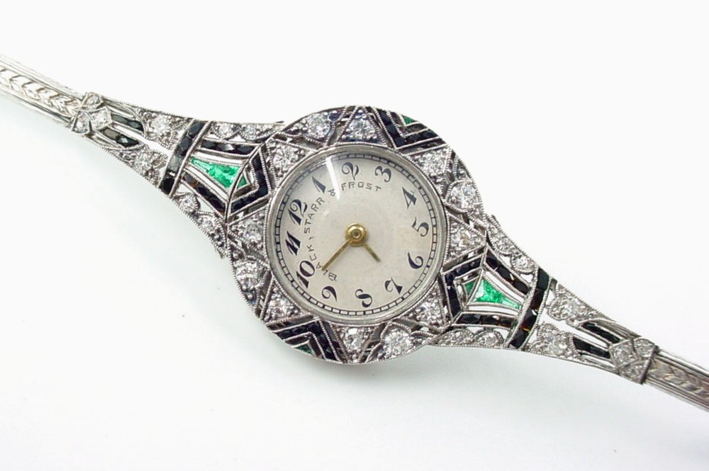 Important Deco Black, Starr & Frost Platinum Diamond Emerald Bracelet Wristwatch