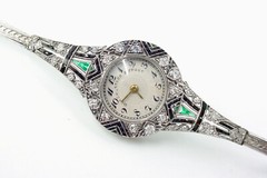 Important Deco Black, Starr & Frost Platinum Diamond Emerald Bracelet Wristwatch