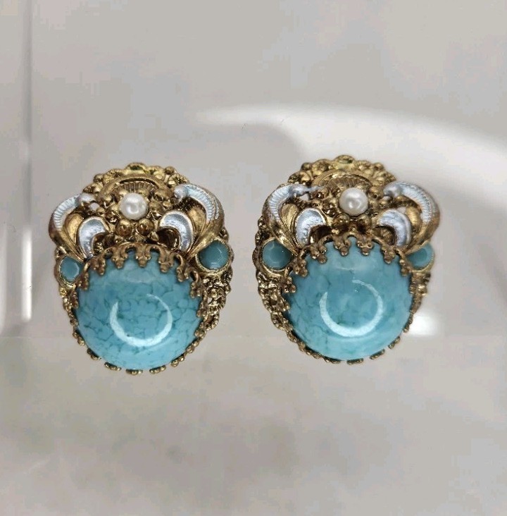 Vintage West Germany Blue Earrings Glass Cab Enamel Signed Clip Ons Rhinestone