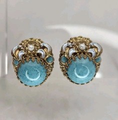 Vintage West Germany Blue Earrings Glass Cab Enamel Signed Clip Ons Rhinestone