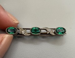 Antique Edwardian Silver Tone Bar Brooch — Green & Clear Paste Stones