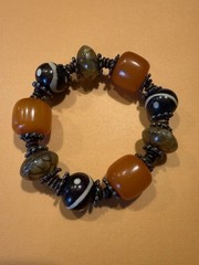 VTG 3 Bakelite Butterscotch Beads Bracelet / B&W artisan beads / metal spacers