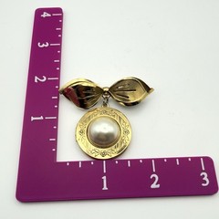 Vintage Gold Bow Brooch Dangle Locket Faux Pearl Photo Pendant Pin