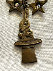 Bronze-Toned Antique-Style Chandelier Dangle Earrings, Stars, Rabbit in Hat 2.5″