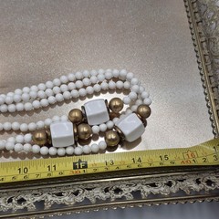 Dauplaise VTG White Beaded Necklace 30″ Gold Tone Long Statement Modernist