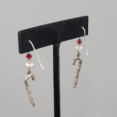 Vintage Christmas Candy Cane Pierced Earrings Silver tone Dangle Crystal 1.25″