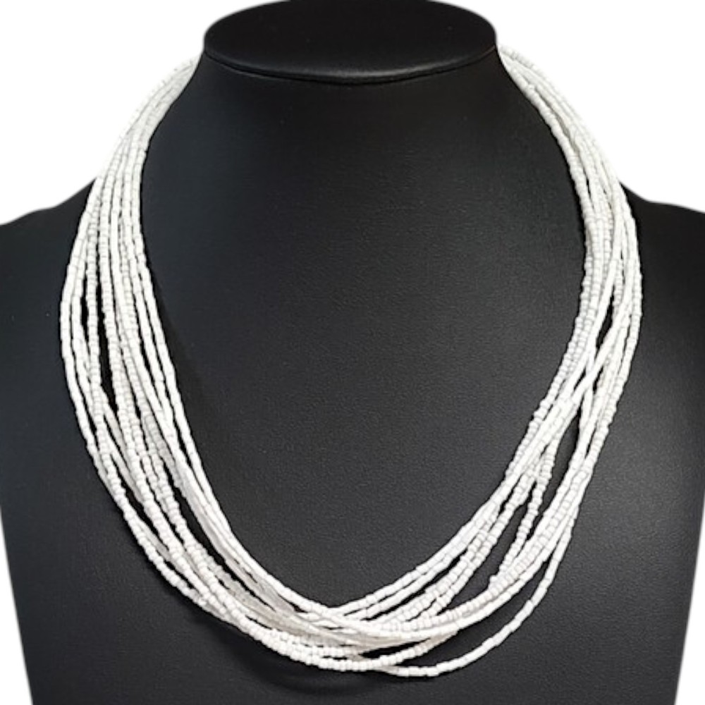 VTG 11 Strand White Faux Puka Shell Coastal Surfer Hawaiian Necklace 21.5″