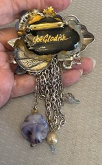 80s Vintage Signed Joe Gladish Brooch Glass Flower Beaded Rhinestone Chains 4.5″