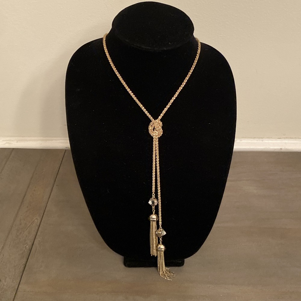 Necklace Earrings Gold Tone Crystal Fringe Tassel Y Drop Statement Bohemian Chic