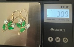 Vintage 14K Gold Overlay Enamel Pearl Blue Floral Leverback Dangle Earrings 1.5”
