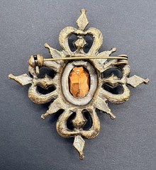 Vintage Filigree Amber Rhinestone Ornate Victorian Style Brooch Antique Gold