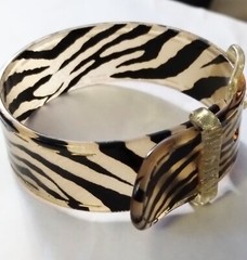 RARE French Lacquer Tiger Acrylic Lucite Resin Vintage Buckle Bangle Bracelet