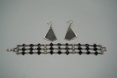 Vintage Geometric Black/Silver Tone Set-Enamel Earrings-Glass Onyx Bracelet
