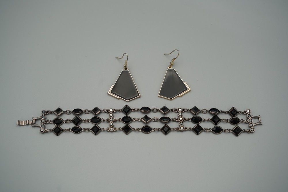 Vintage Geometric Black/Silver Tone Set-Enamel Earrings-Glass Onyx Bracelet