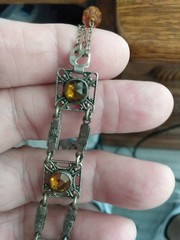 Antique Art Deco Silver Wash Czech Gold Glass 7-8 Inch Link Bracelet Draw String