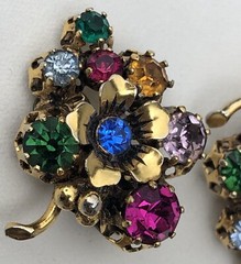 Vintage Austria Multi Color Rhinestones Flower Brooch & Clip Earrings Set