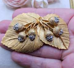 Vintage Craft Leaves Acorns Fall Autumn Brooch Pin Rhinestone Signed Statement