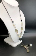 Vintage Glass & Opalite Beaded Tassel Necklace Faux Lariat Black Chain 27″ Long