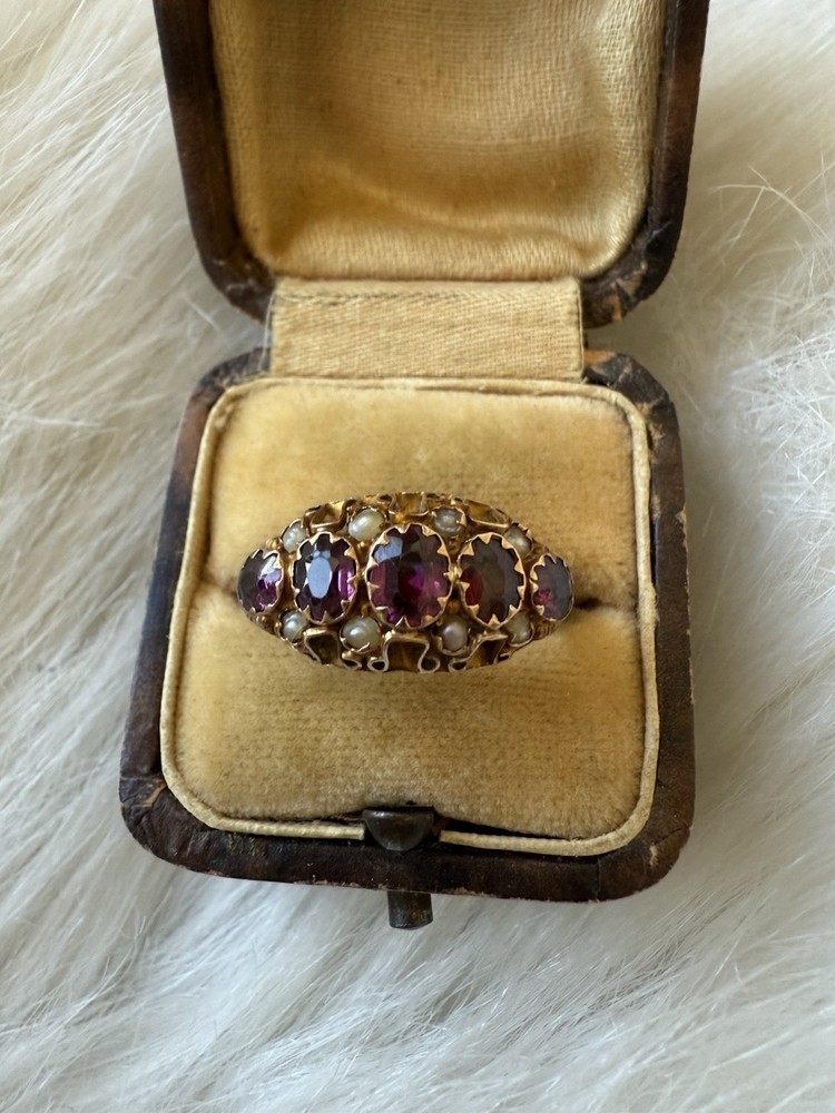 Antique Edwardian Almandine Garnet Pearl 9ct Gold Ring Hallmarked Mint