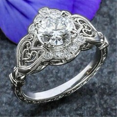 Vintage Art Deco Lab-Created Diamond Filigree Engagement 14k White Gold FN Ring