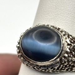 Vintage Sterling Brutalist Textured Black Cats Eye Ring 9.5