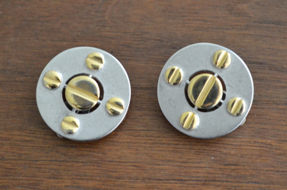 Erwin Pearl INDUSTRIAL Earrings Round Silver/Gold 2-Tone Clip Signed Vintage
