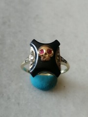 Antique Rare Memento Mori 14kt Yellow Gold, Diamonds,Rubies Stone Ring