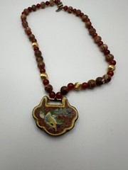 VNT Les Bernard Sterling Silver Jasper Carnelian Cloisonne Bird Necklace JB19