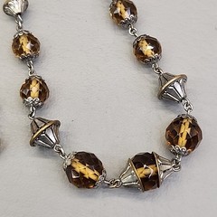 Vintage Glass Beaded Necklace Yellow Brown Faceted Silver Tone Caps 44″