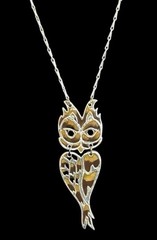 VTG Retro Silver Tone & Yellow/Brown Enamel Owl Necklace Earrings Set ~1960s