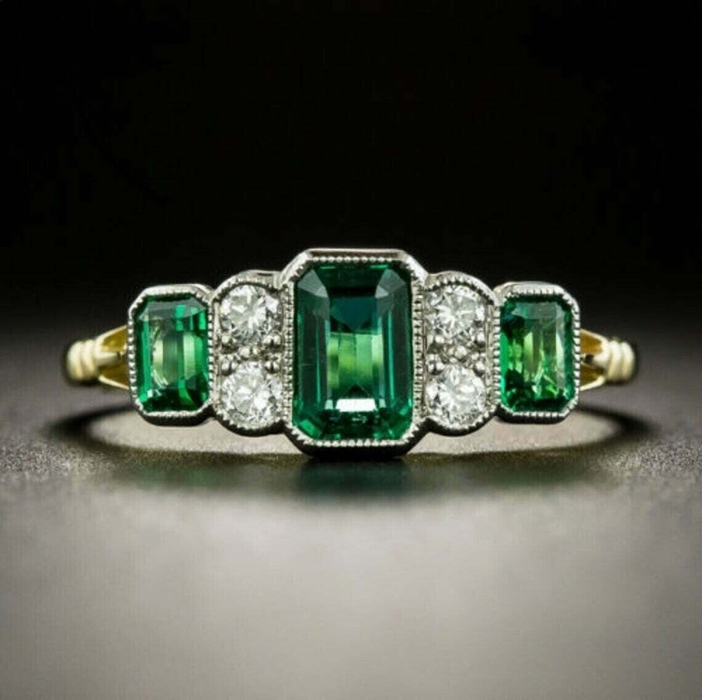 Art Deco Ring 2.90 Ct Emerald And Lab-Created Diamond 925 Sterling Silver Ring