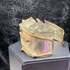 Vintage Brutalist Cuff Bracelet Mixed Metals Polished Stone 6.5”