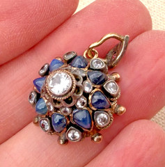 Antique Victorian Lapis Lazuli & Colorless Gemstone Cluster Pendant Mixed Metal