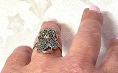 C&C Rhodium Electroplate Clark & Coombs Art Deco Marcasite Rose Flower Ring VTG