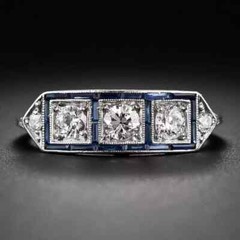 Art Deco Lab Created Diamond Sapphire Three-Stone 14K White Gold FN Wedding Ring