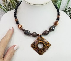 Vintage Tribal Back & Brown Beaded Neck Ring with Enameled Copper Square Pendant