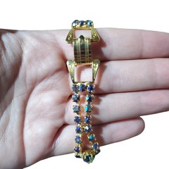 Vintage Gold Tone AB Aurora Borealis Rhinestone Bracelet Unsigned Costume