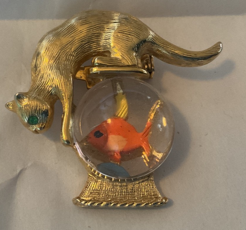 Vintage GOLD CROWN Brooch Cat and Fishbowl Acrylic Goldtone Orange Women’s Pin