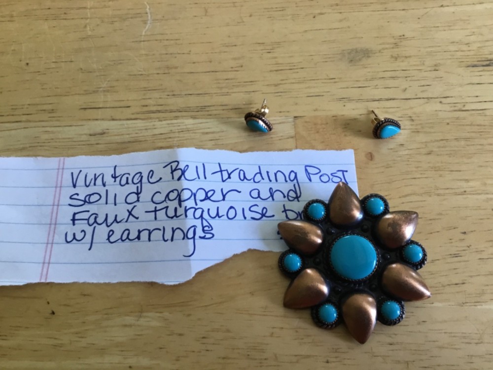 Vintage BELL Trading Post Solid COPPER and Turquoise Flower Brooch/earrings set