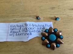 Vintage BELL Trading Post Solid COPPER and Turquoise Flower Brooch/earrings set