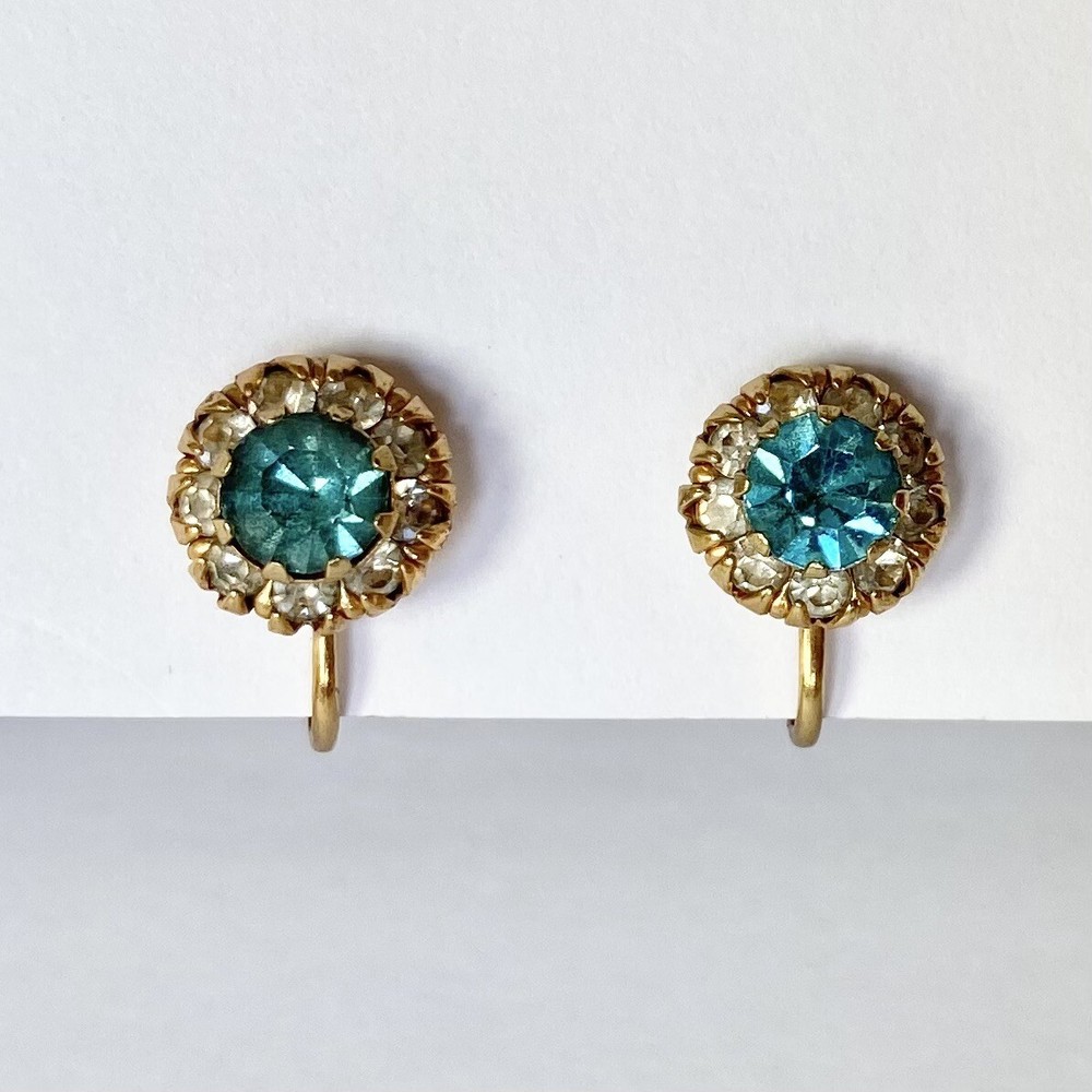 Halo Aquamarine Blue Rhinestone Vintage Gold Tone Vargas Screw Back Earrings