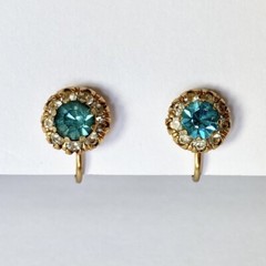 Halo Aquamarine Blue Rhinestone Vintage Gold Tone Vargas Screw Back Earrings
