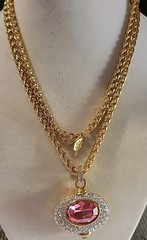 Vintage Signed NOLAN MILLER 30in Goddess Necklace Goldtone Clear Pink And Green