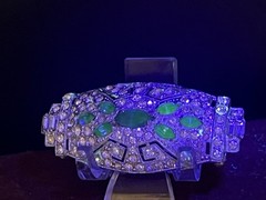 Art Deco Blue Uranium Glow Clear Paste Brooch w/ Baguette & Pavé Rhinestones 2”